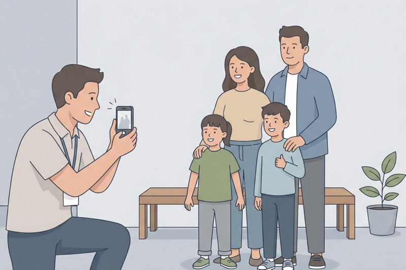 Church volunteer photographing a family with a phone