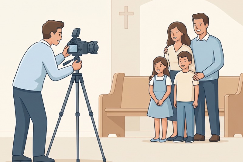 Professional photographer with camera on tripod photographing a family